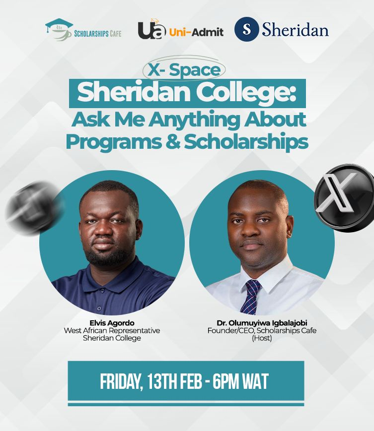 Join us at 6 PM today on X Spaces with the West African Representative of Sheridan College as we discuss study opportunities, admissions pathways, scholarships, and how to position yourself for success in Canada.

🎓 Bonus: Attendees who are interested in applying to Sheridan