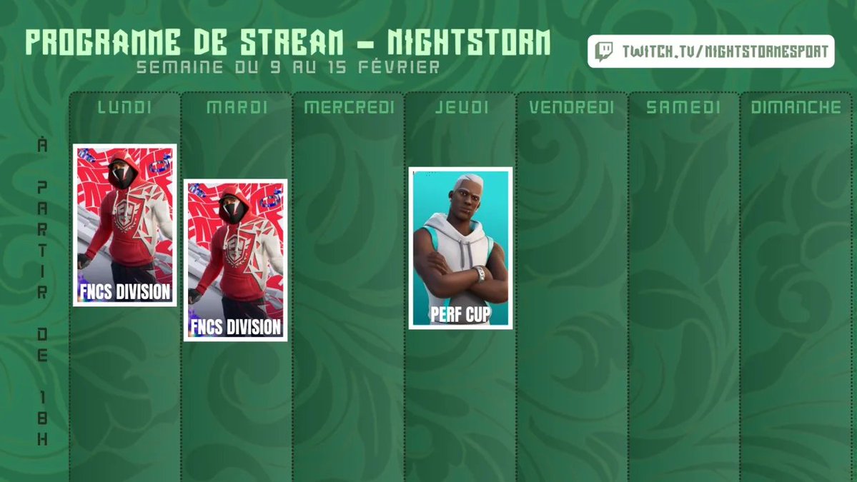 Twitch schedule for NightStorm Team

🎨ゝ Weekly Twitch schedule
👤ゝ <a href="/NightStorm_Team/">NightStorm</a> 
🗓ゝ 09/02/2026