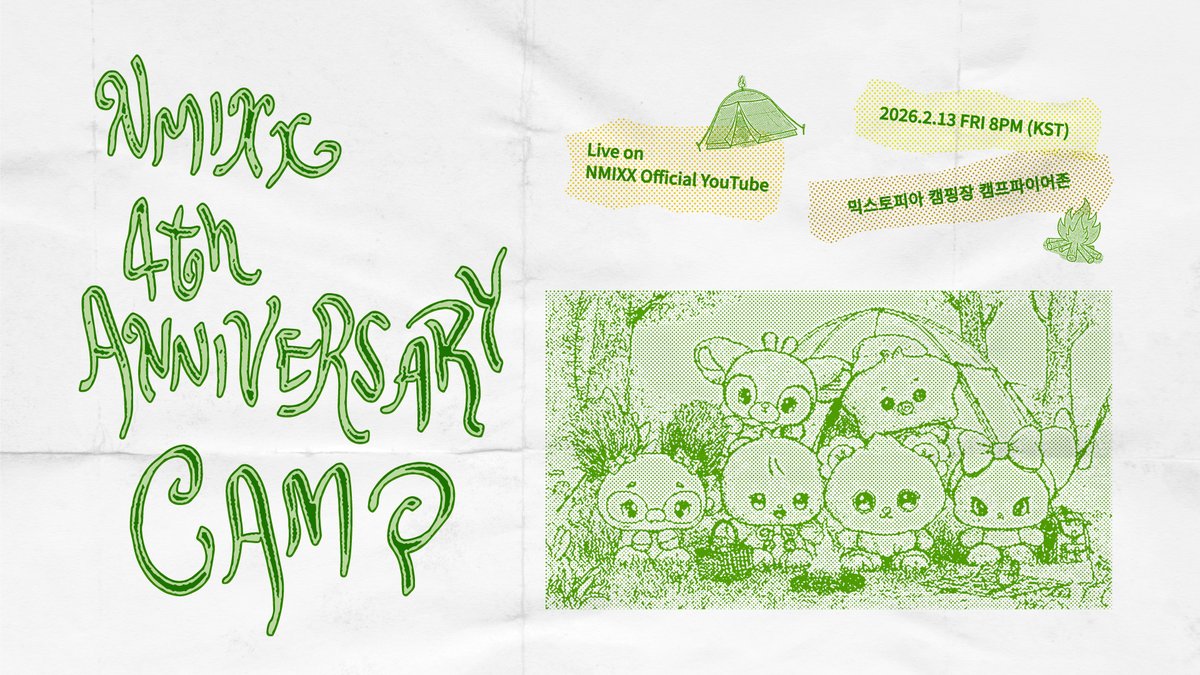 [🔴] NMIXX 4th ANNIVERS4RY CAMP LIVE🏕️

╔═══════╗
믹스토피아 캠핑장
╚═══════╝
           ||
           || 🌱
🔥 2026.2.13 FRI 20:00 (KST)
🪵 Live on NMIXX Official YouTube

youtube.com/live/2fXry-ZY1…

#NMIXX #엔믹스
#NMIXX_4th_ANNIVERS4RY