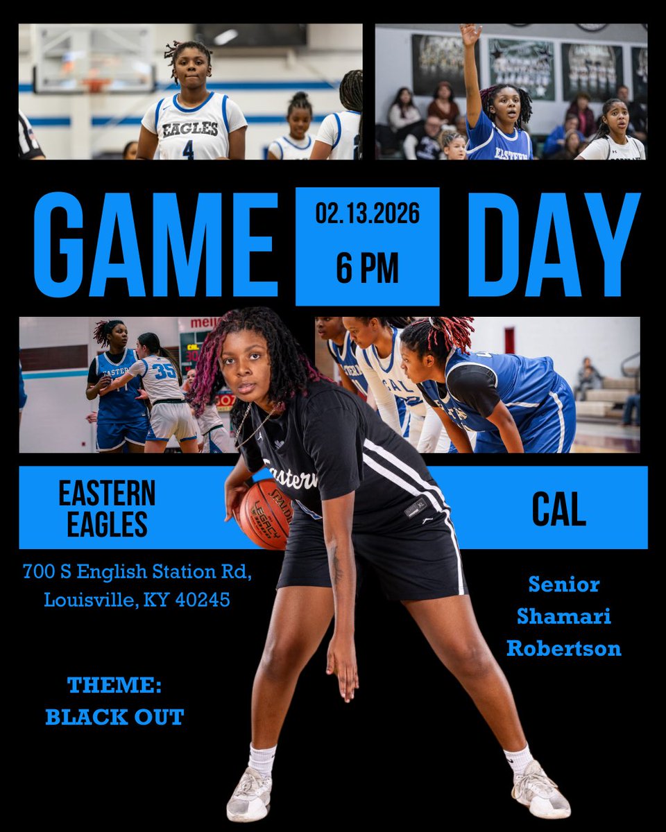 🖤🏀 GAME DAY 🏀🖤
Eastern Eagles vs CAL
⏰ 6 PM
📍 700 S English Station Rd
🎯 BLACK OUT THE GYM
<a href="/athleticsEHS/">Eastern Athletics</a>