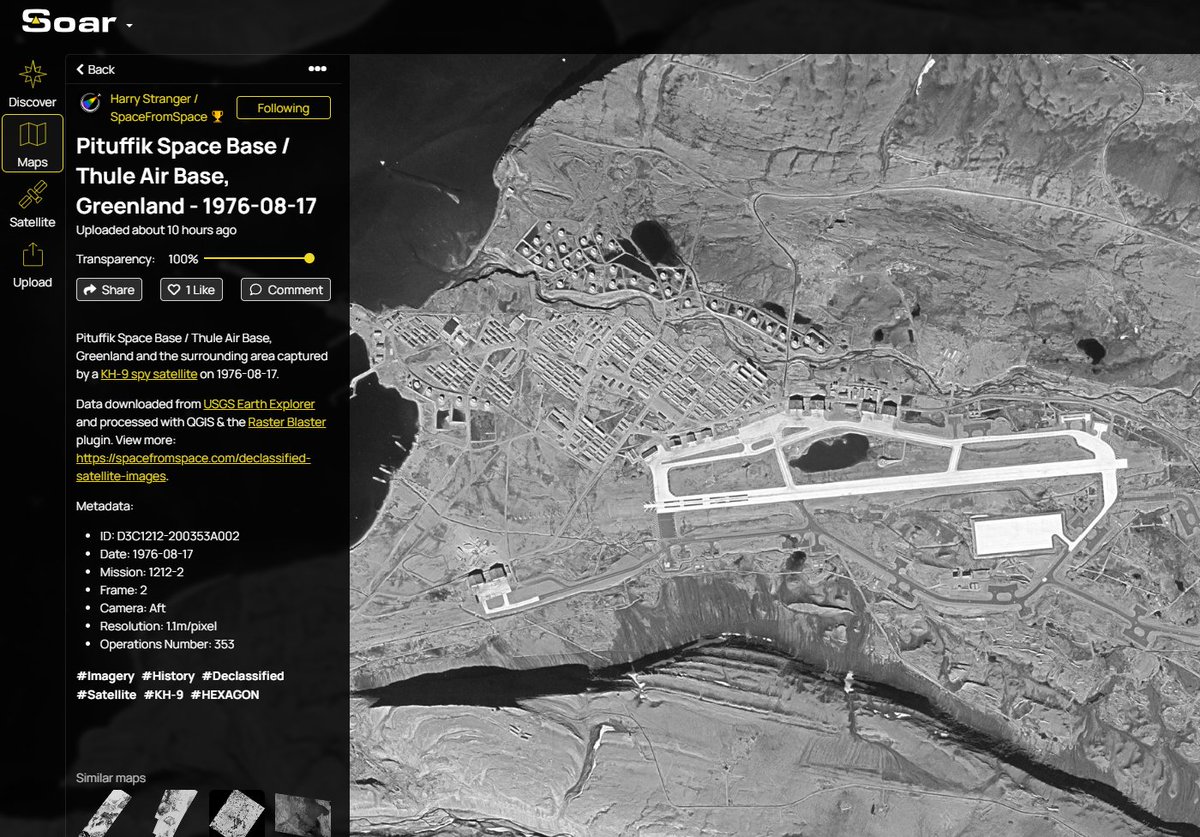 SoarAtlas's tweet image. A Cold War snapshot frozen in time.

This declassified KH-9 image captures Pituffik Space Base (then known as Thule Air Base) and the stark Arctic landscape of ?#Greenland all the way back in 1976: tinyurl.com/4877fujc

Miles of ice on one of the most remote outposts ever