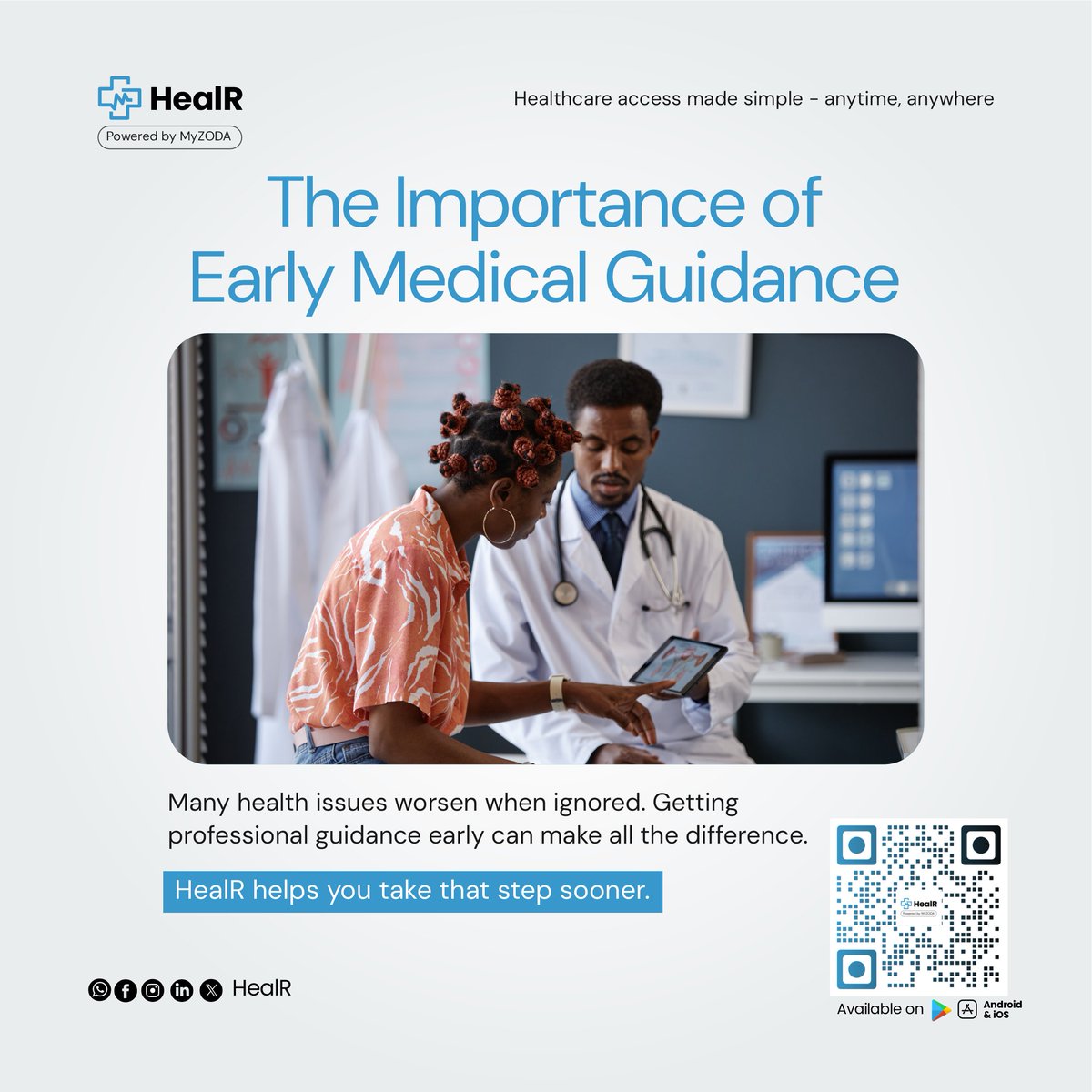 ZODAhealth's tweet photo. Early medical advice can save lives.
Speak to real doctors anytime with HealR.
Donโt wait until symptoms get worse.
๐ฒ Scan the QR code or visit https://t.co/X5HJ94PP07
#HealR #PreventiveCare #Telemedicine #DigitalHealthcare #HealthTech https://t.co/LEuNNtrcgn