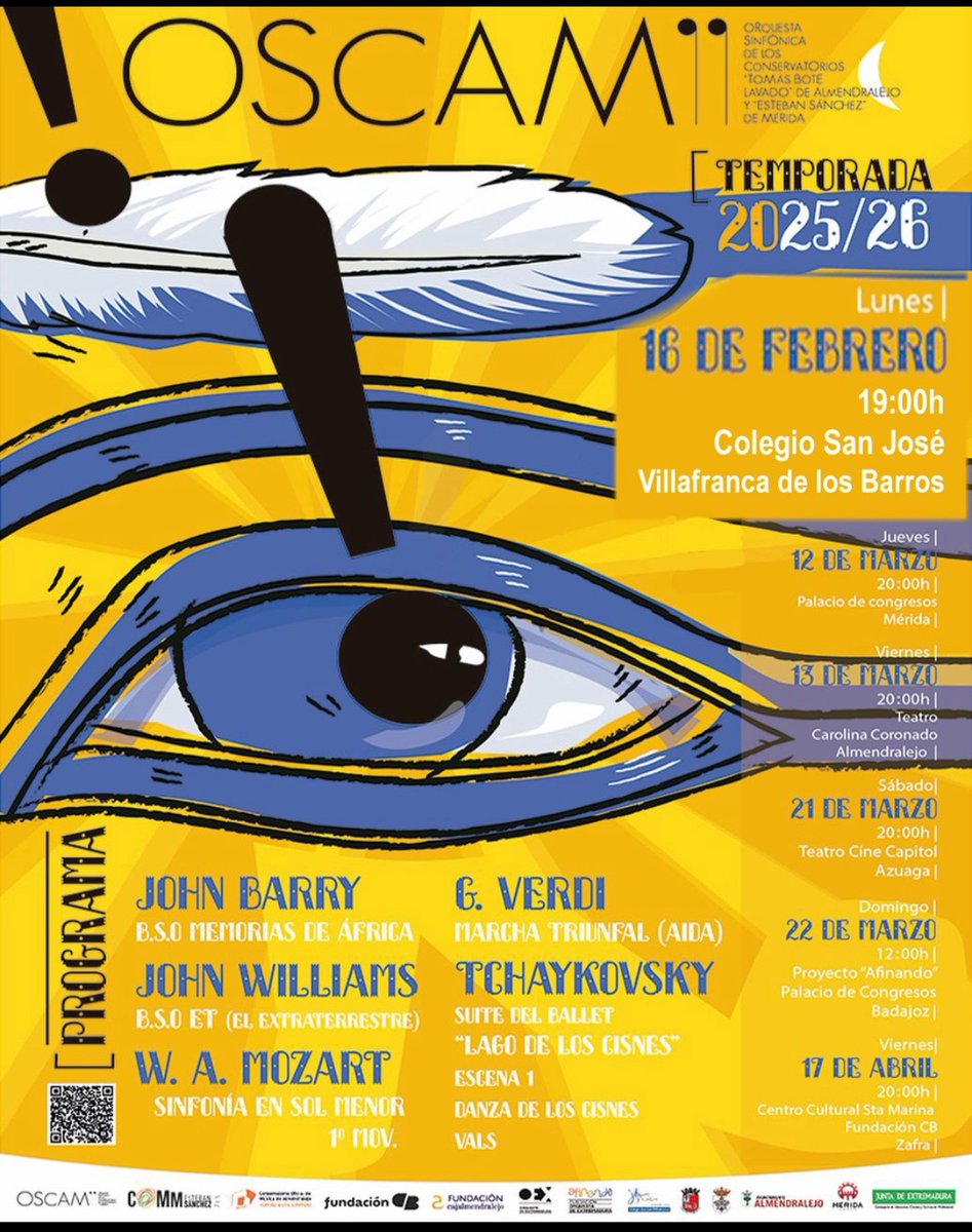 LA ORQUESTA SINFÓNICA DE LOS CONSERVATORIOS DE MÉRIDA Y ALMENDRALEJO (OSCAM) VUELVE A RECALAR EN VILLAFRANCA DE LOS BARROS.

Ofrecerá un concierto sinfónico abierto a toda la ciudadanía el próximo lunes 16 de febrero a las 19:00 h en el Auditorio del Colegio San José.