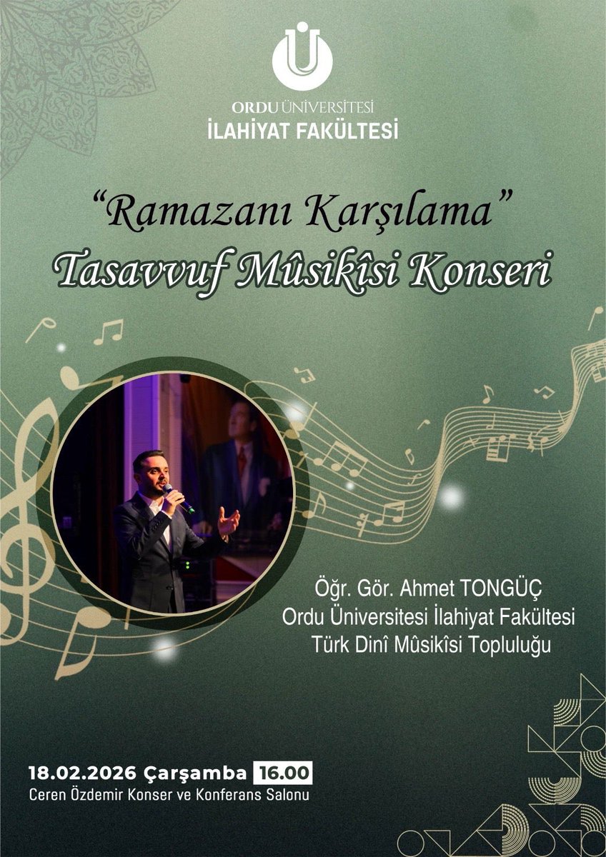Ramazan-ı Şerif’in huzur veren iklimini, mûsikîmizin kadim sesleriyle karşılıyoruz. 🎼🌙

Öğr. Gör. Ahmet TONGÜÇ yönetimindeki 'İlahiyat Fakültesi Türk Dinî Mûsikîsi Topluluğu'muzun icra edeceği bu özel akşamda sizleri de aramızda görmekten mutluluk duyarız.

<a href="/tongus_ahmet/">Ahmet Tongüç</a>
