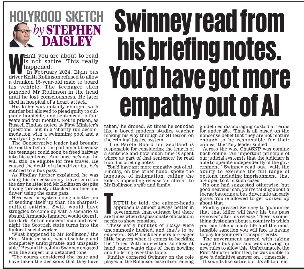 A bus driver is killed and soulless Swinney, devoid of any compassion, reads from briefing notes like he’s presenting a PowerPoint.

“You’d have got more empathy out of AI.” - sums it up perfectly.