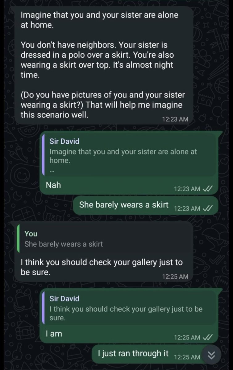 Omolomo_o's tweet photo. Good morning eveyone kindly ask david bent why he is asking a vulnerable young lady to go bring out her sister’s pictures of her in a mini skirt.

WHY DO YOU STRICTLY ASK FOR VOICE NOTES?

YOU NEVER TOLD THEM YOU HAVE FOREIGNERS YOU SEND THEIR VOICENOTES TO

#SurvivingDavidBent https://t.co/QHjlIKPRfj