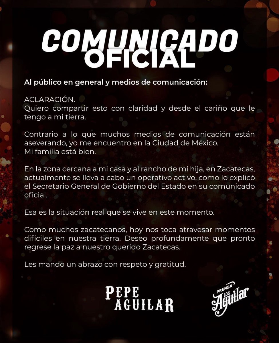 #PepeAguilar aclara que se encuentra bien de salud. No se encontraba en Zacatecas en el momento del operativo cerca de su propiedad: