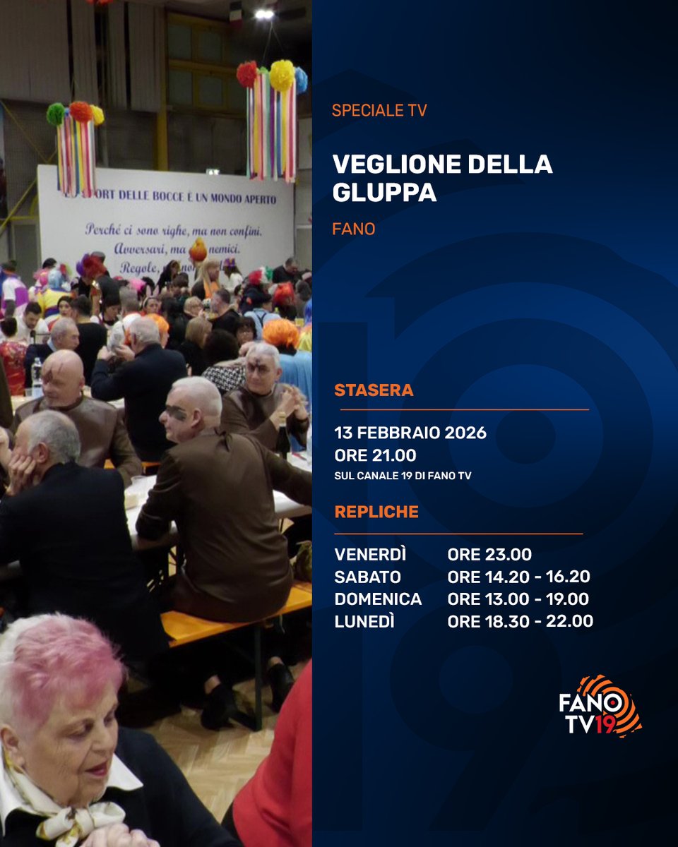 📺 Questa sera, venerdì 13 febbraio, alle ore 21.00 circa, trasmetteremo uno speciale dedicato al veglione della gluppa organizzato dalla Pro Loco di Fano.
Appuntamento sul canale 19 di FanoTV, visibile in tutta la Regione Marche. #fanotv