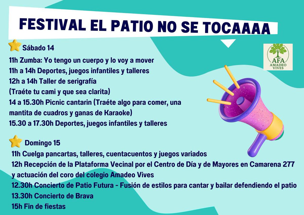 📢 Este domingo defendemos el patio del CEIP Amadeo Vives y exigimos el centro de día y mayores en Camarena 277, como estaba acordado.
🗓 15 feb | 🕚 11:00 h
📍 De Camarena 277 al colegio
Nos acompañan <a href="/MarotoReyes/">Reyes Maroto</a>  <a href="/pebarrero/">Pedro Barrero</a> <a href="/agvinagre/">Agustín Vinagre</a> y Esteban Álvarez. 
El barrio tiene que