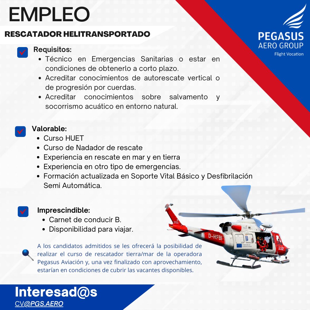 📢 𝗢𝗳𝗲𝗿𝘁𝗮 𝗱𝗲 𝗘𝗺𝗽𝗹𝗲𝗼 #𝗥𝗲𝘀𝗰𝗮𝘁𝗮𝗱𝗼𝗿𝗛𝗲𝗹𝗶𝘁𝗿𝗮𝗻𝘀𝗽𝗼𝗿𝘁𝗮𝗱𝗼
Interesados: remite tu cv a cv@pgs.aero y pon en el asunto: RESCATADOR GES.
#CreandoEmpleo #Empleo #PegasusAeroGroup #EmpleoCanarias