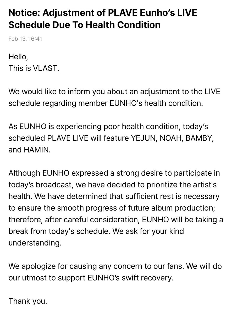 อึนโฮมีปัญหาสุขภาพเลยไม่สามารถเข้าร่วมไลฟ์ได้ โดยไลฟ์วันนี้จะมีเยจุน โนอา แบมบี้และฮามิน
ถึงแม้อึนโฮอยากจะเข้าร่วมไลฟ์แต่ทางวลาสตัดสินใจให้พักอยู่ดีเพราะสุขภาพสำคัญ 🥹