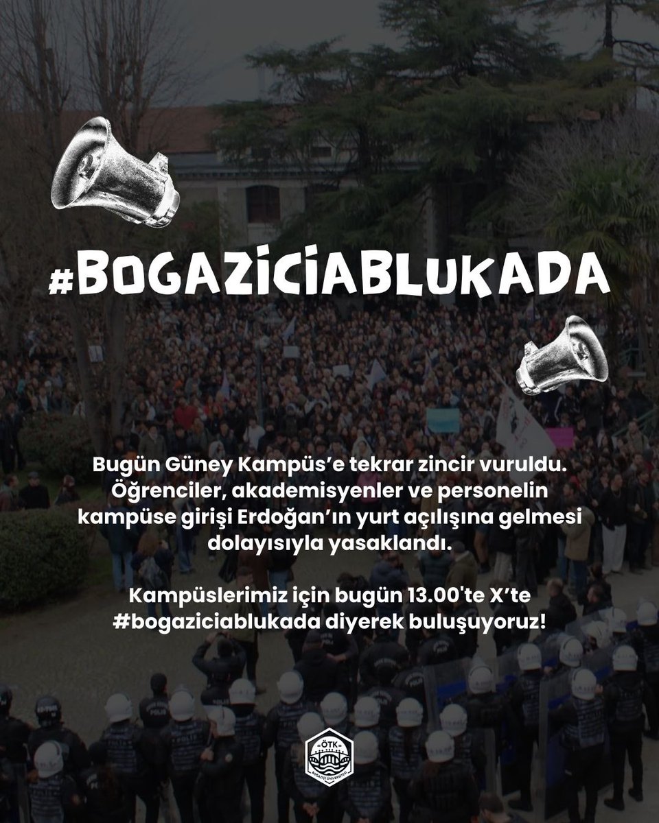 boun_otk's tweet photo. Bugün Güney Kampüs’e tekrar zincir vuruldu. Öğrenciler, akademisyenler ve personelin kampüse girişi Erdoğan’ın yurt açılışına gelmesi dolayısıyla yasaklandı.

Kampüslerimiz için bugün 13.00'te X’te #bogaziciablukada diyerek buluşuyoruz! https://t.co/7fMt3IMS24