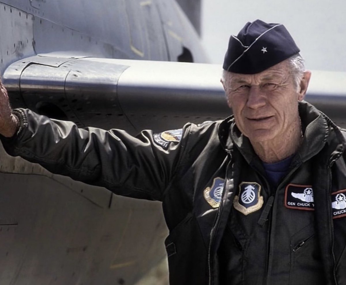 JackCarrUSA's tweet photo. Chuck Yeager was born on this day in 1923. A true American hero, I read his book, YEAGER: AN AUTOBIOGRAPHY when it came out in the mid-80s and remember it as one of my fondest reading experiences during that formative time in my life. If you have not read it, I highly recommend adding it to your library. If you have kids in the middle to high school years, it is one of the books they simply must read to help with perspective through the appreciation of sacrifices made by a generation that preserved freedom for us all.

General Yeager passed away on December 7th, 2020 at age 97.

I also recommend reading THE RIGHT STUFF by Tom Wolfe and watching the 1983 movie adaptation of the same name. Keep an eye out and you might recognize Chuck Yeager in a cameo.