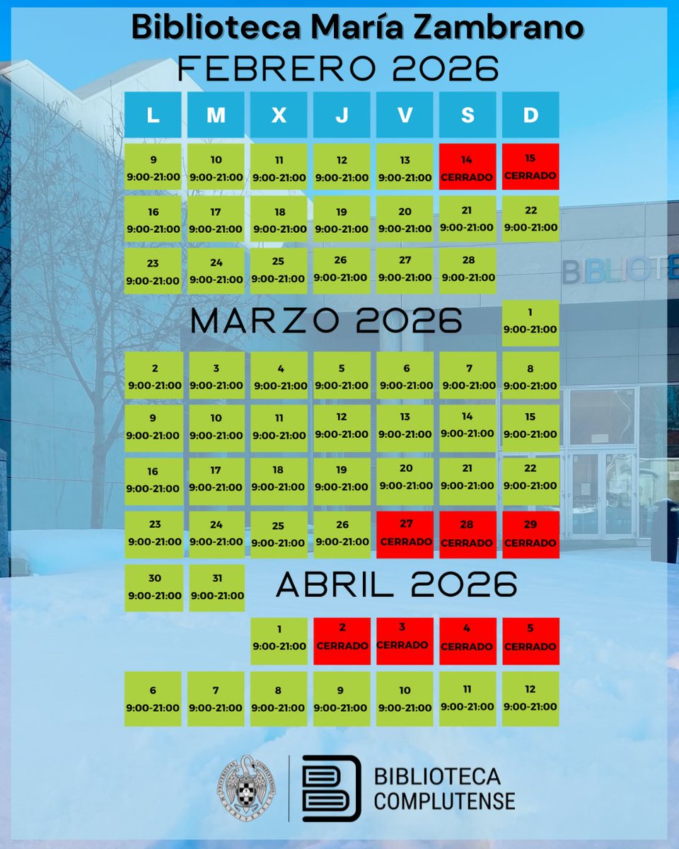 ¿Queréis conocer el horario de la #BibliotecaMaríaZambrano hasta después de Semana Santa? 
Aquí os lo dejamos👇🏼
biblioguias.ucm.es/horarios-bibli…

Este fin de semana la Zambrano cerrará por labores de mantenimiento

#BibliotecaComplutense
#UniversidadComplutense
#UniversidadPública