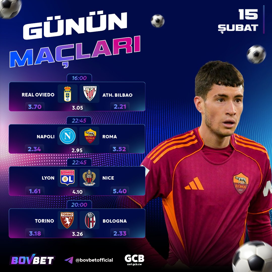 🏆 Günün favori maçlarını kaçırma, Bovbet burada! ⚽

🏆16:00 Real Oviedo - Ath. Bilbao
🏆22:45 Napoli - Roma
🏆22:45 Lyon - Nice
🏆20:00 Torino - Bologna

👉 cixi.bio/bovbetx