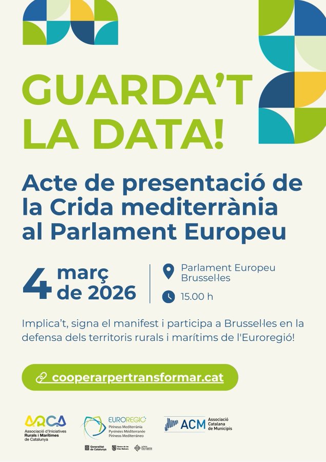 LeaderRGB's tweet image. 📣 Portem la Crida Mediterrània a Brussel·les!

L’acte vol fer visible la realitat rural i marítima mediterrània, defensar el sector primari i reclamar polítiques més justes.

📍 Parlament Europeu 
📅 4 de març 
🕒 15.00 – 17.30 h

✍️ Dona suport signant a cooperarpertransformar.cat