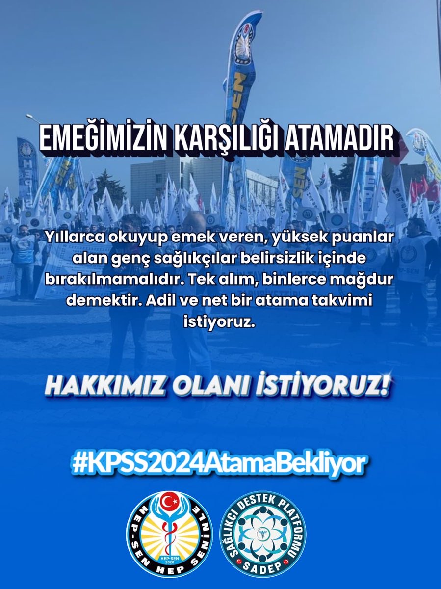 EMEĞİMİZİN KARŞILIĞI ATAMADIR

Yıllarca okuyup emek veren, yüksek puanlar alan genç sağlıkçılar belirsizlik içinde bırakılmamalıdır. Tek alım, binlerce mağdur demektir. Adil ve net bir atama takvimi istiyoruz.

Hakkımız olanı istiyoruz!

#KPSS2024AtamaBekliyor

<a href="/saglikbakanligi/">T.C. Sağlık Bakanlığı</a>