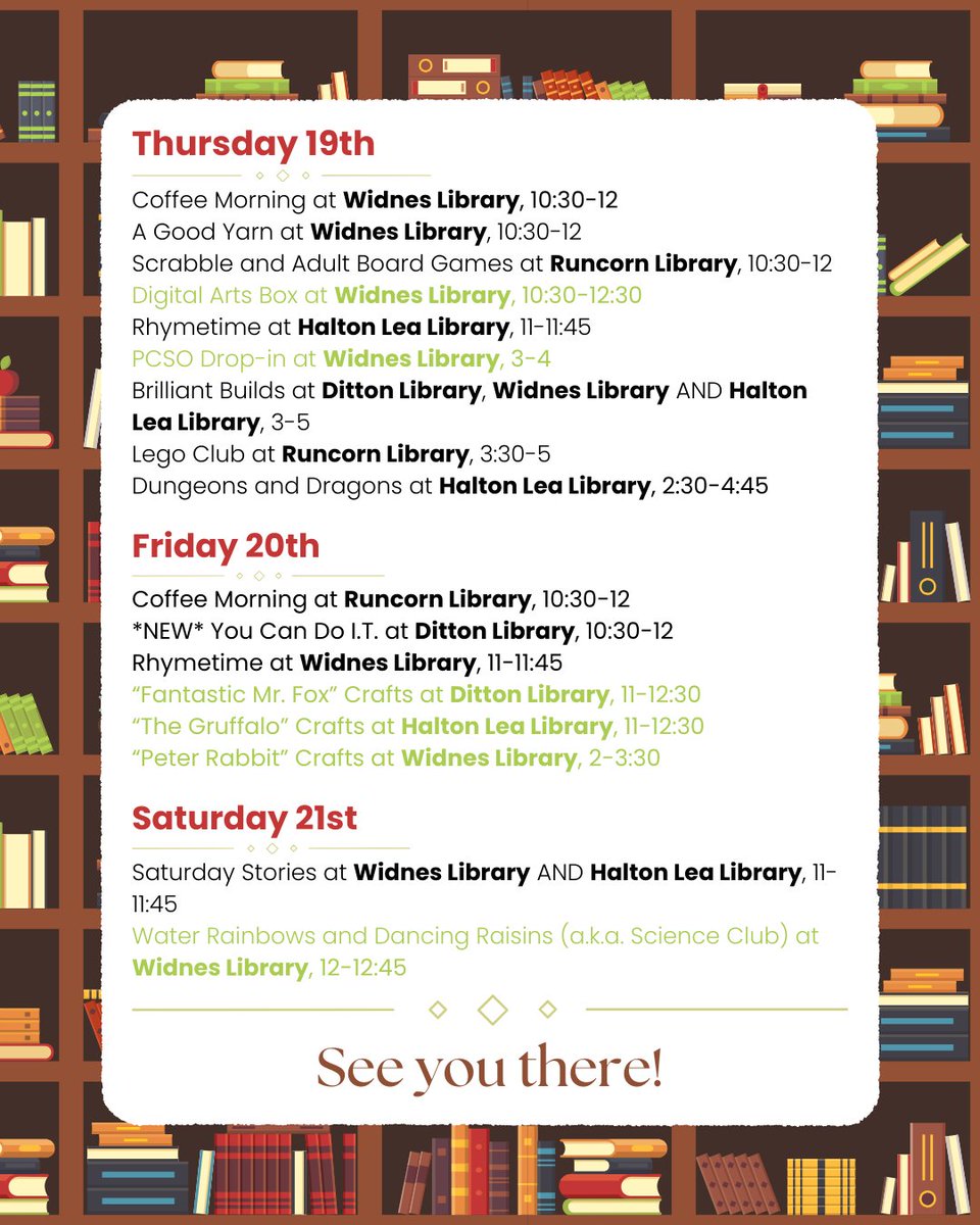 HaltonLibraries's tweet image. Look at our STACKED half term schedule at Halton Libraries!?!?!

All of our special events are centred around 'Our Favourite Authors' so make sure you come along and pick up a book by your favourite author this week too!