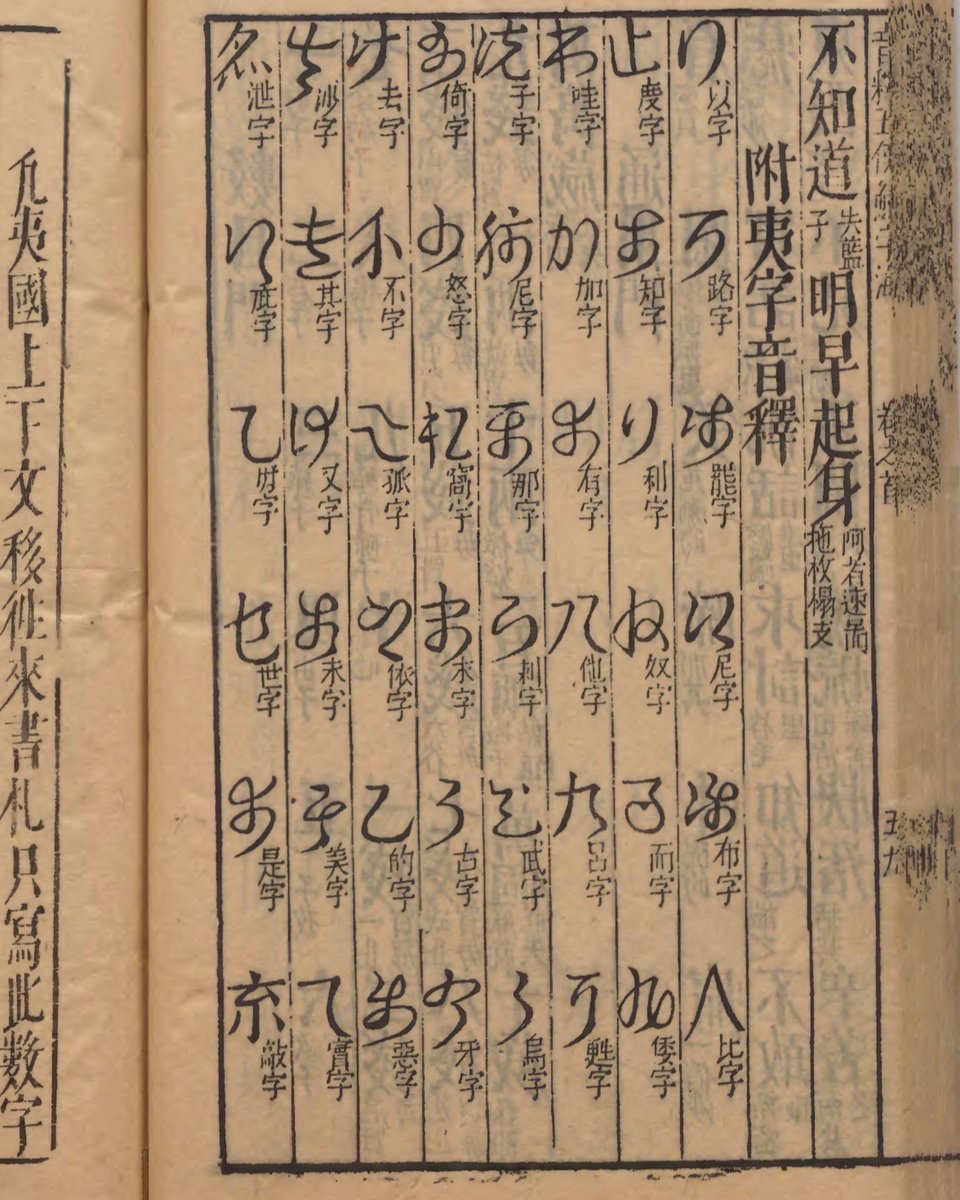 中国にて紹介された仮名。
前に大航海時代にヨーロッパに漢字が紹介された際のものについて投稿したが、それと同様にこの中国のものも相当苦労したのではなかろうか。何気にいろは歌の最後の「京」まで崩された形で載っている。