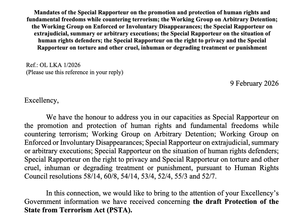 vikalpavoices's tweet image. ශ්‍රී ලංකාවේ යෝජිත ත්‍රස්තවාදයෙන් රාජ්‍ය ආරක්ෂා කිරීමේ පනත(කෙටුම්පත) (PSTA) සම්බන්ධයෙන් එක්සත් ජාතීන්ගේ විශේෂ නියෝජිතයන් කණ්ඩායමක් විසින් නිකුත් කරන ලද විවේචනාත්මක විශ්ලේෂණයක්.... (English) spcommreports.ohchr.org/TMResultsBase/… #srilanka #lka #FOE