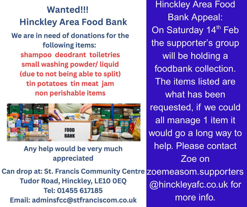 Tomorrow at our home game against <a href="/nptfc/">Newport Pagnell Town FC</a> if everyone donated one item it would be a massive help to those less fortunate in our community. Thanks everyone for your continued support :)