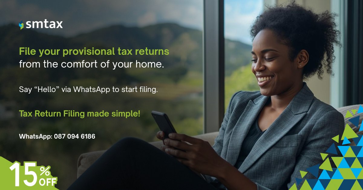 OfficialSMTAX's tweet photo. 🚨 Provisional Tax Stress? Not on our watch!

Get 15% OFF your Provisional Tax Return and let the experts handle the numbers 💼✨

⚠️ File on time to avoid SARS penalties and stay compliant.

Get in touch with us via WhatsApp on 087 094 6186

Save money and stay stress-free!

#ProvisionalTax #TaxSavings #SMEBusiness #StayCompliant #TaxExperts