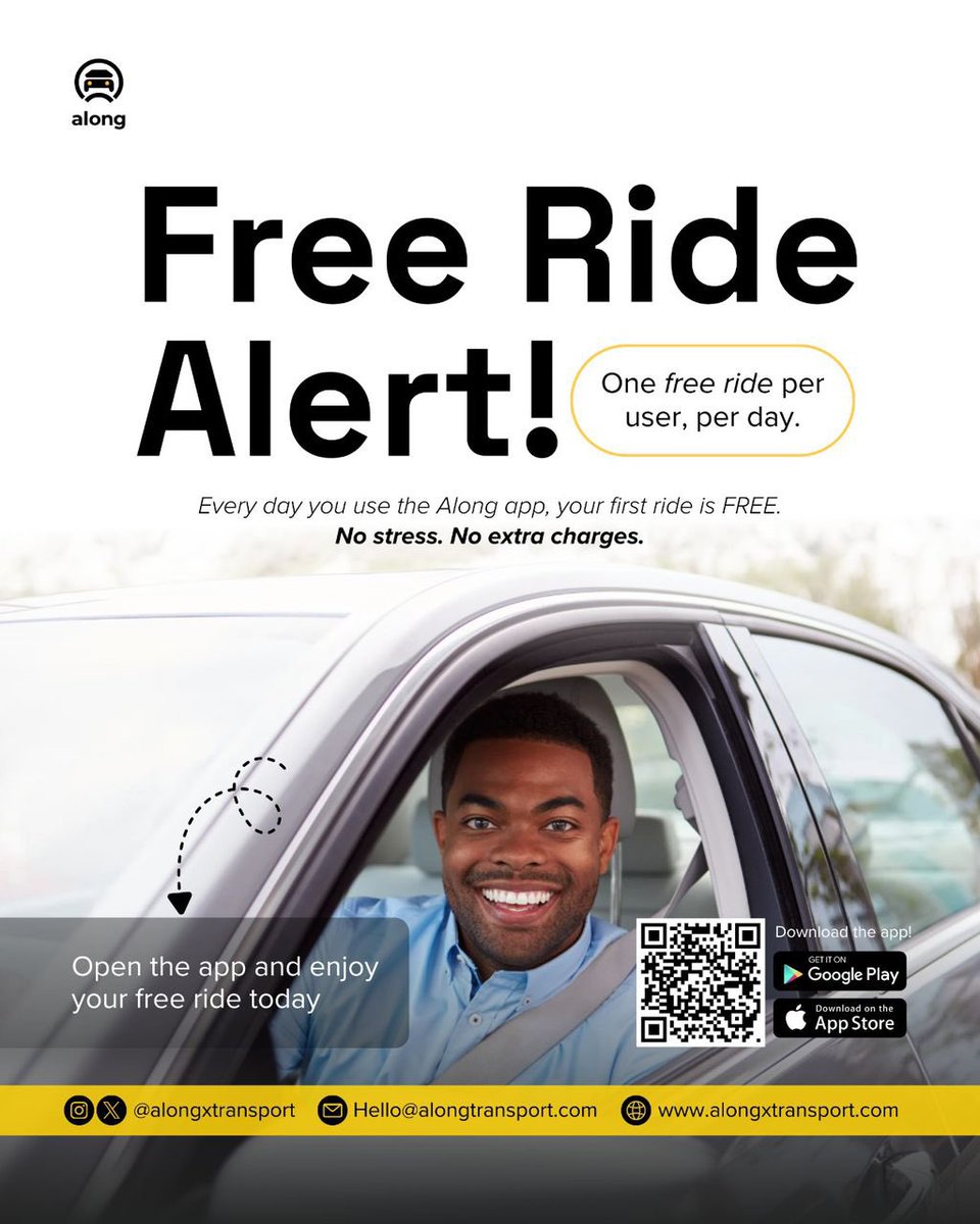 abujastreets's tweet image. Switch to @AlongxTransport. Safe, affordable, and your first ride EVERY DAY is FREE! No stress, just hop in.

More trips = more earnings for drivers too!
Download now from all app stores!!!

Who’s claiming their free ride today? Tag a friend! 🔥 #AlongTransport #FreeRide