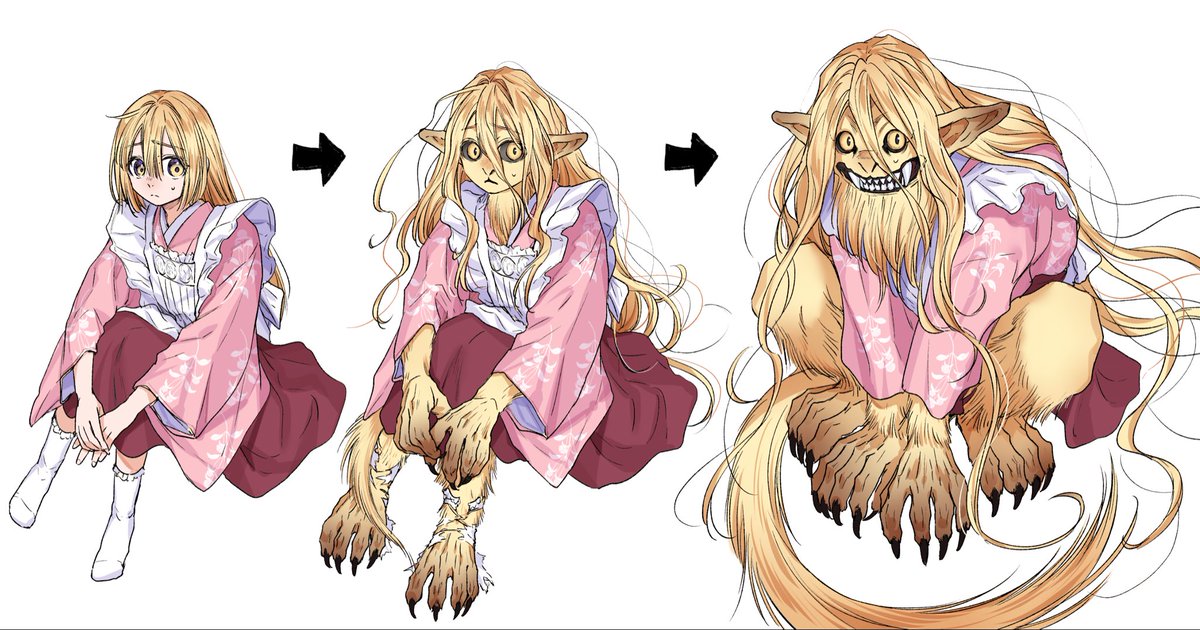 kagiehagi's tweet image. 少女→人外への変化三段階絵まとめ