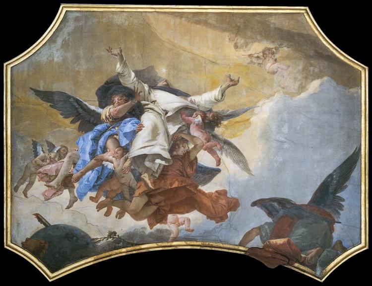 The Glory of St. Dominic by Giovanni Battista Tiepolo
Date: 1723-1725

Depicts St. Dominic receiving a crown from the Holy Trinity (Basilica of Saint Anthony of Padua).