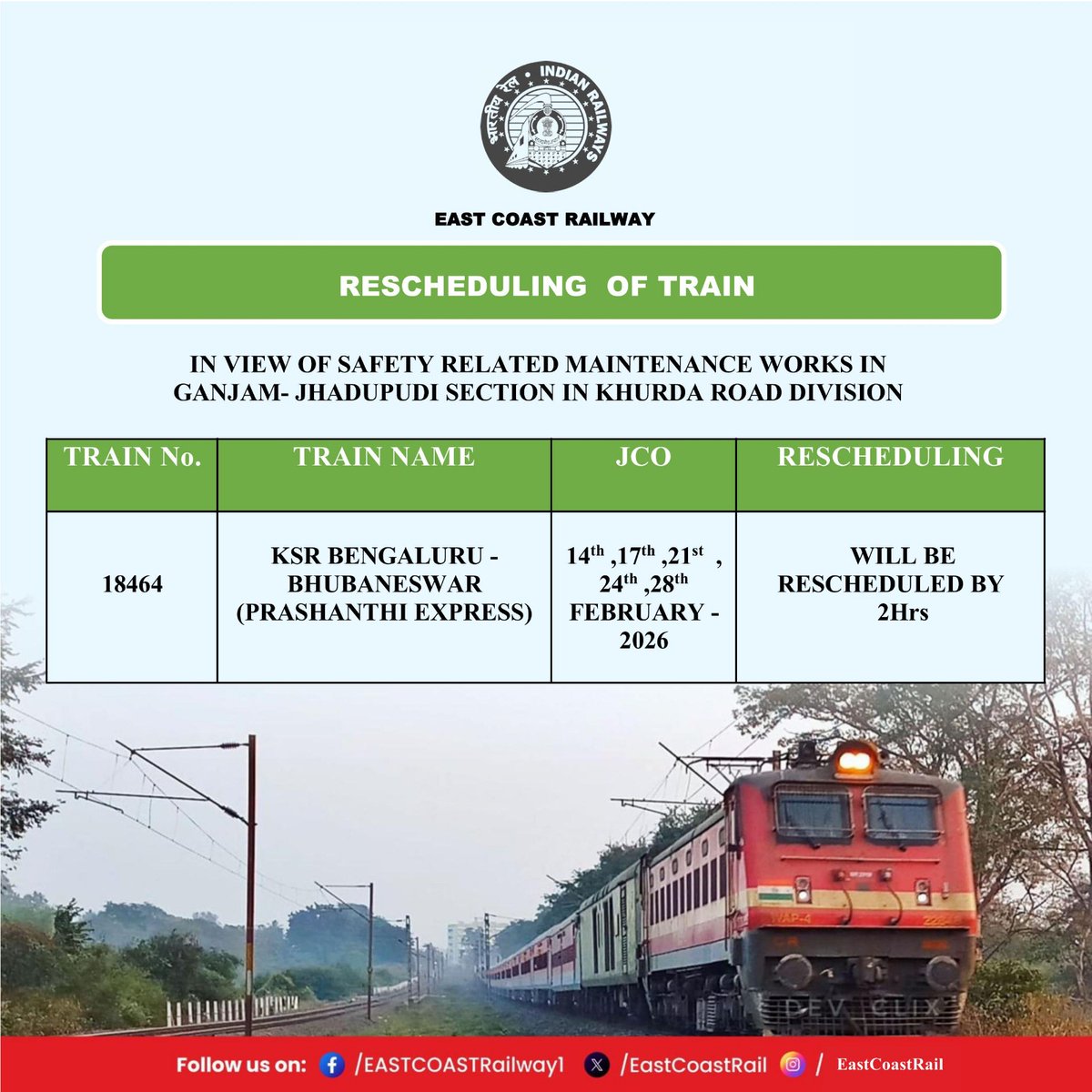 EastCoastRail's tweet photo. "Train Alert"
In view of safety related maintenance works in Ganjam -Jhadupudi section under Khurda Road division, some trains will be regulated as below..
Passengers to please kindly check before the journey..
#Passengeradvisory #Rescheduling #ShortTermination #ShortOrigination #ECoRupdate @RailMinIndia