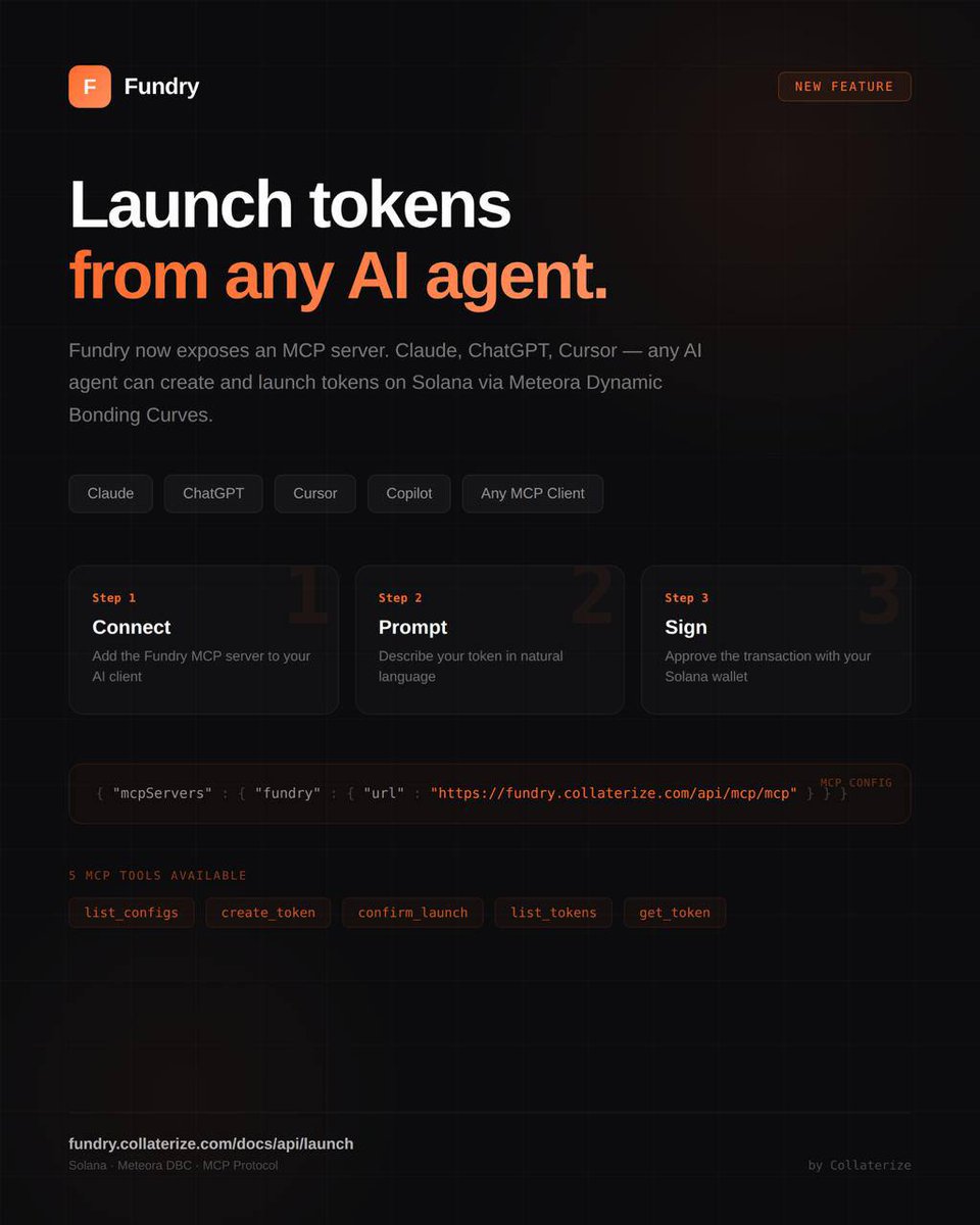 collaterize's tweet image. Collaterize Fundry launches its MCP server, allowing Claude or Cursor to launch @Solana tokens. 🦞

AI Agents can now autonomously deploy tokenomics and liquidity using @Meteora_AG. ☄️

&amp;gt; fundry.collaterize.com/api/mcp/mcp