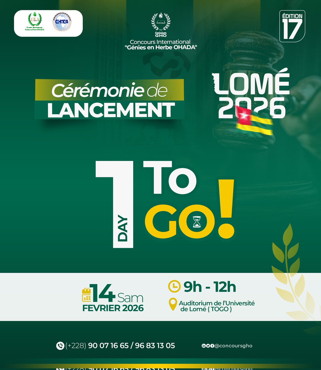 ConcoursGHO's tweet photo. 1 DAY TO GO !

Le grand jour approche, les projecteurs sont prêts à s'allumer !
📅 Samedi 14 Février 2026
⏰ 9h – 12h
📍 Auditorium de l'Université de Lomé(TOGO🇹🇬)

Entrée libre et gratuite. Vous êtes invités ☺️ !

📞  (+228) 90 07 16 65 / 96 83 13 05.

#cgho #cigho #Édition17 https://t.co/S96mQBA6xH