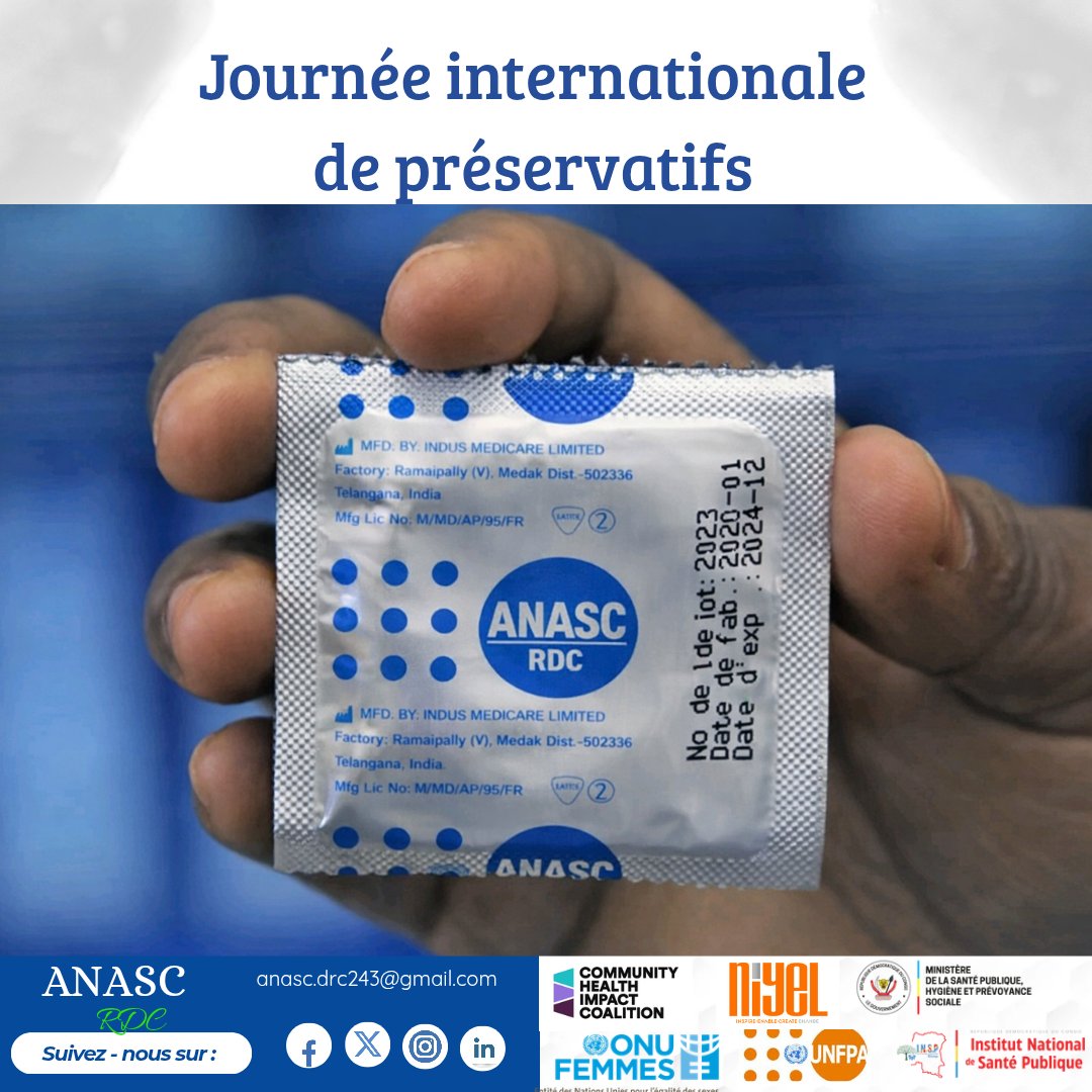 Aujourd’hui, rappelons que se protéger = se respecter 🤝
Le préservatif prévient les IST, le VIH et les grossesses non désirées.
Brisons les tabous et choisissons la responsabilité.
La prévention protège notre avenir.

#JournéeInternationaleDuPréservatif #Prévention  #ANASCRDC
