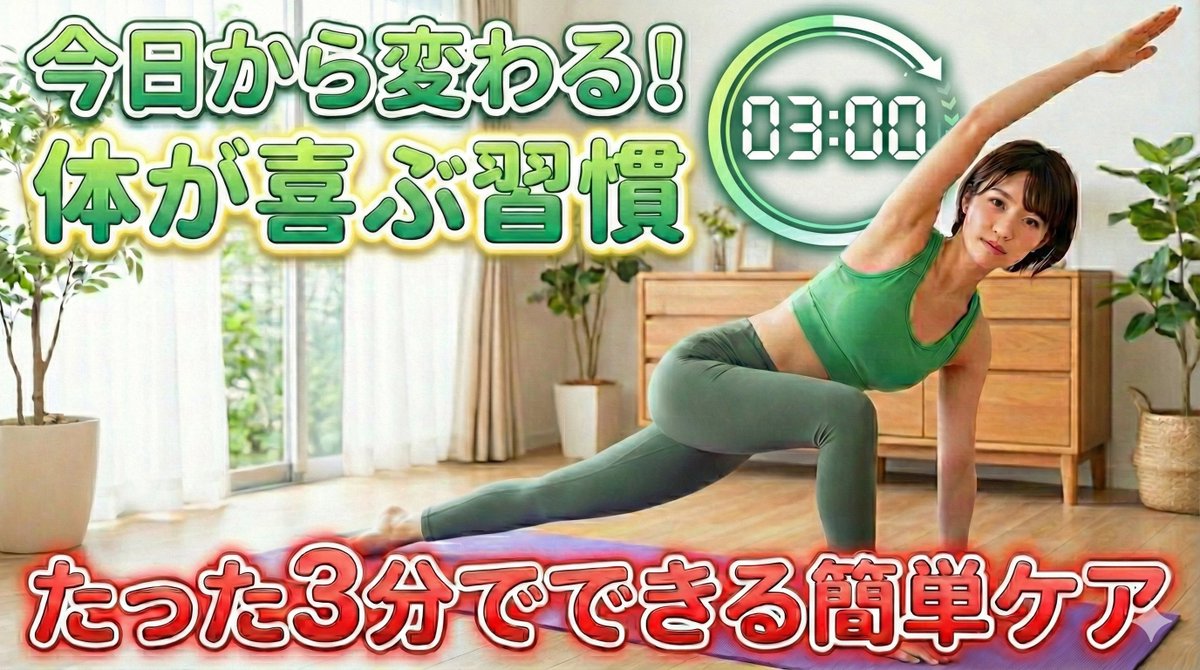 ayaka_ai0405's tweet photo. 今日のサムネイル制作チャレンジ💪

運動系であることが伝わるように、
実際にヨガをしている風景をAI生成してみました🧘

「3分」にキラキラエフェクトを軽くつけるところが上手くいかず...
次はそういう細かいところも調整できるようになりたい！！
#サムネイル #AI #デジハク #デジハクAI https://t.co/btG0Xyyj31