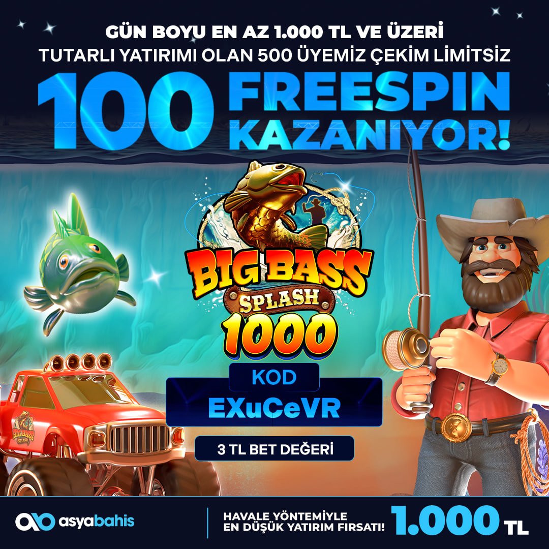 asyaresmi_x's tweet image. 🔔 HEDİYE BIG BASS SPLASH 1000 FREESPIN KODU AKTİF! 

📣 Bu gece 23.59'a kadar 1.000 TL ve üzeri tutarlı yatırımı olan üyelerimiz çekim limitsiz freespin kazanıyor! 

🎁 Kodu kullanmak için tıklayın t2m.io/abtwitter24

📌⬆️ Havale yöntemlerinde alt limit 1.000 TL ⬆️📌