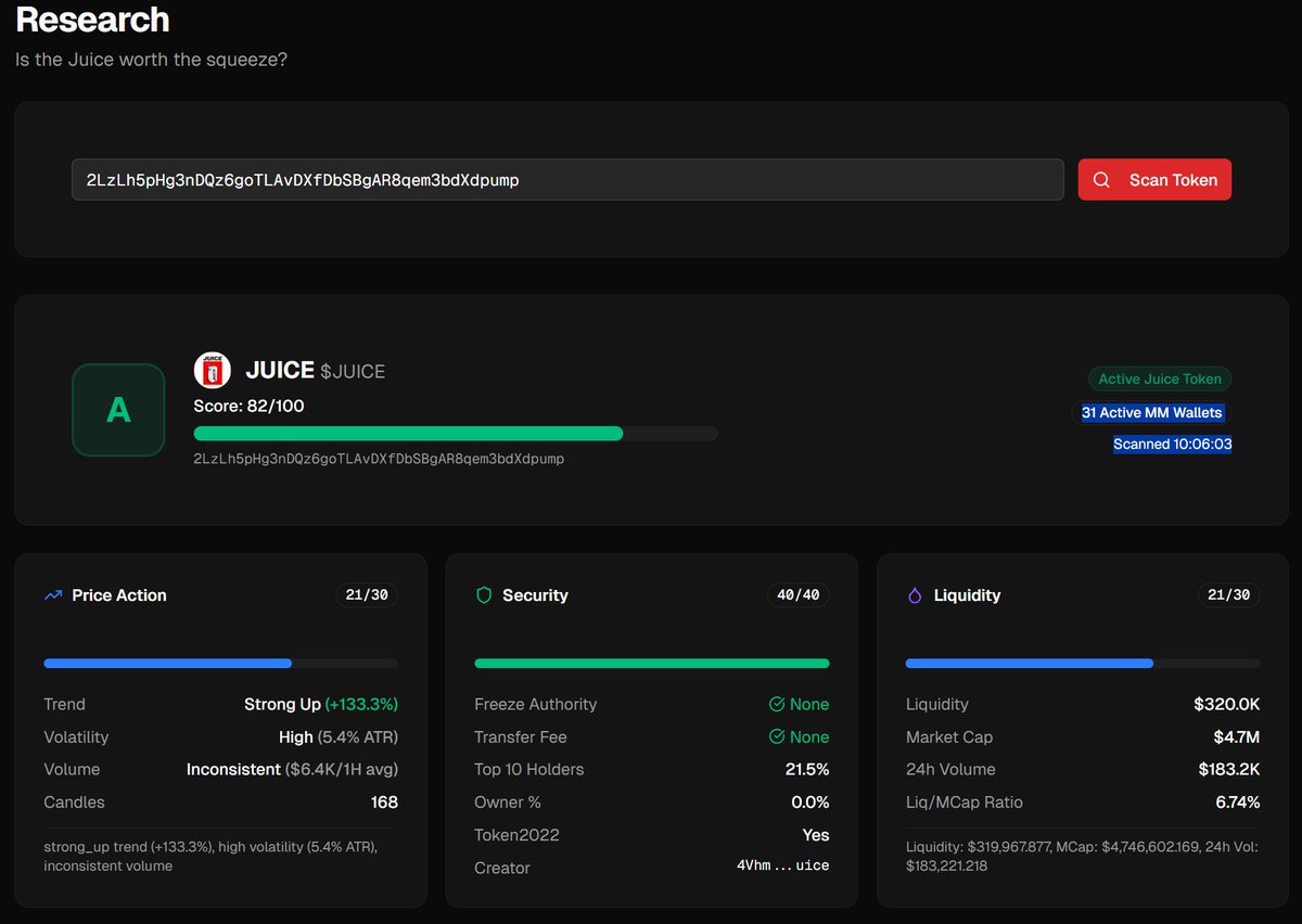 Introducing the $JUICE Research Tool🧃

Users can now search any CA on the website and get a detailed breakdown of the projects price action, security and overall strength.

If you are a new user and unsure of what token is best to market make, this is a great tool to help you