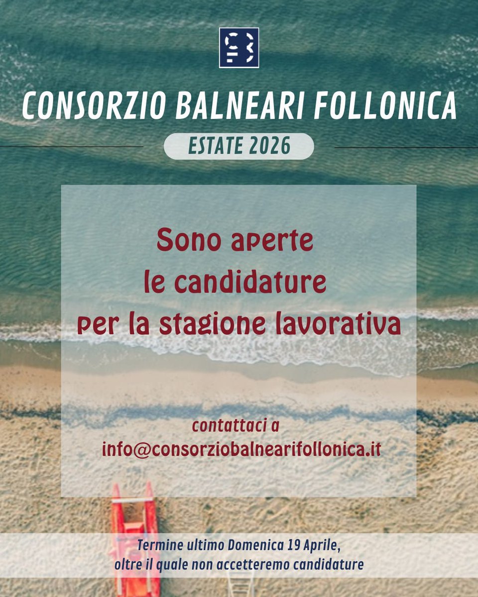 consorzio2014's tweet photo. Abbiamo aperto le candidature per la stagione 2026!

Se sei interessata/o a lavorare come assistente bagnanti inviaci una email di presentazione con allegato il tuo cv.

Accettiamo candidature entro e non oltre domenica 19 aprile.

info@consorziobalnearifollonica.it https://t.co/NgfcRe9r5X