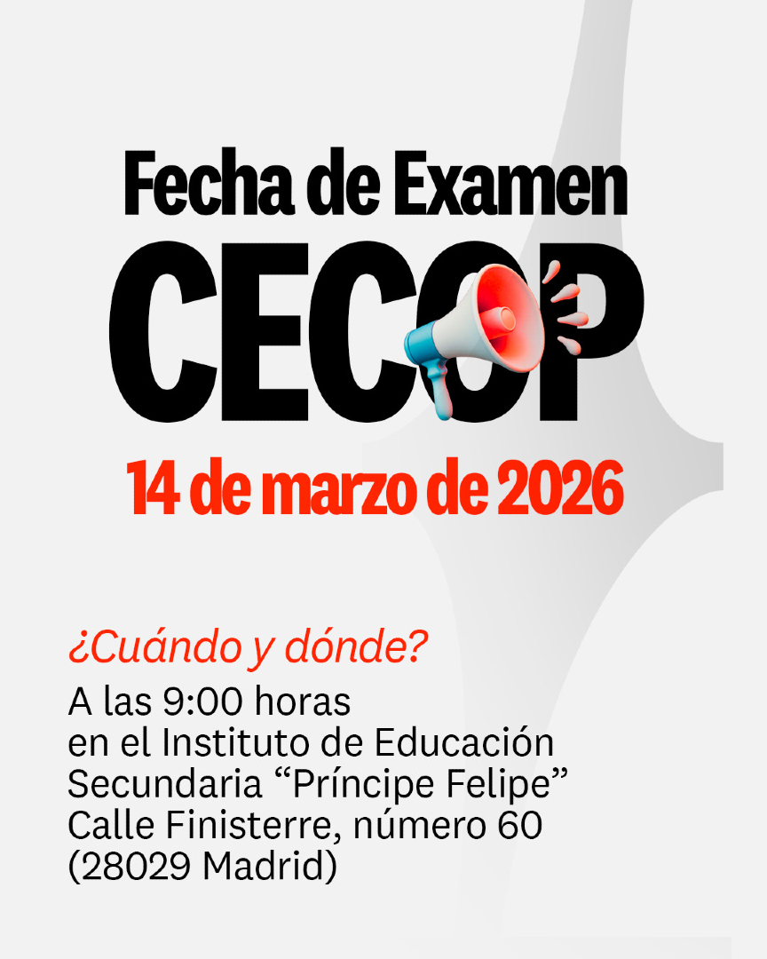 📣 Ya hay fecha de examen CECOP: 14 de marzo de 2026
🕘 9:00 h | 📍 IES “Príncipe Felipe” (C/ Finisterre, 60 – 28029 Madrid)

Si vas a por CECOP, guárdalo y compártelo con tu compi de estudio 🔁💪