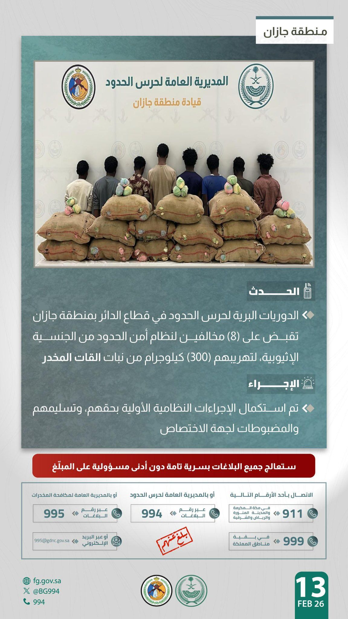 حرس الحدود بمنطقة جازان يقبض على (8) مخالفين لنظام أمن الحدود، لتهريبهم (300) كيلوجرام من نبات القات المخدر 