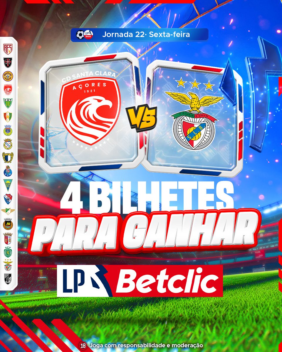 🎟️ Temos 2 bilhetes duplos para irem assistir ao CD Santa Clara-SL Benfica de hoje! Há açorianos por aqui? #LPBetclic

- Segue a <a href="/BetclicPortugal/">Betclic Portugal 🔞</a>
- Dá RT + Like
- Identifica quem levas contigo

1 comentário por pessoa.
2 vencedores anunciados às 15:00.