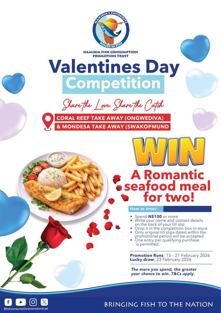 Stand a chance to WIN amazing prizes for you and your special someone.

Spend N$100.00 or more, at Coral Reef Take Away in Ongwediva or Mondesa Take Away in Swakopmund, drop your till slip in the box, and you could win a romantic meal for two!