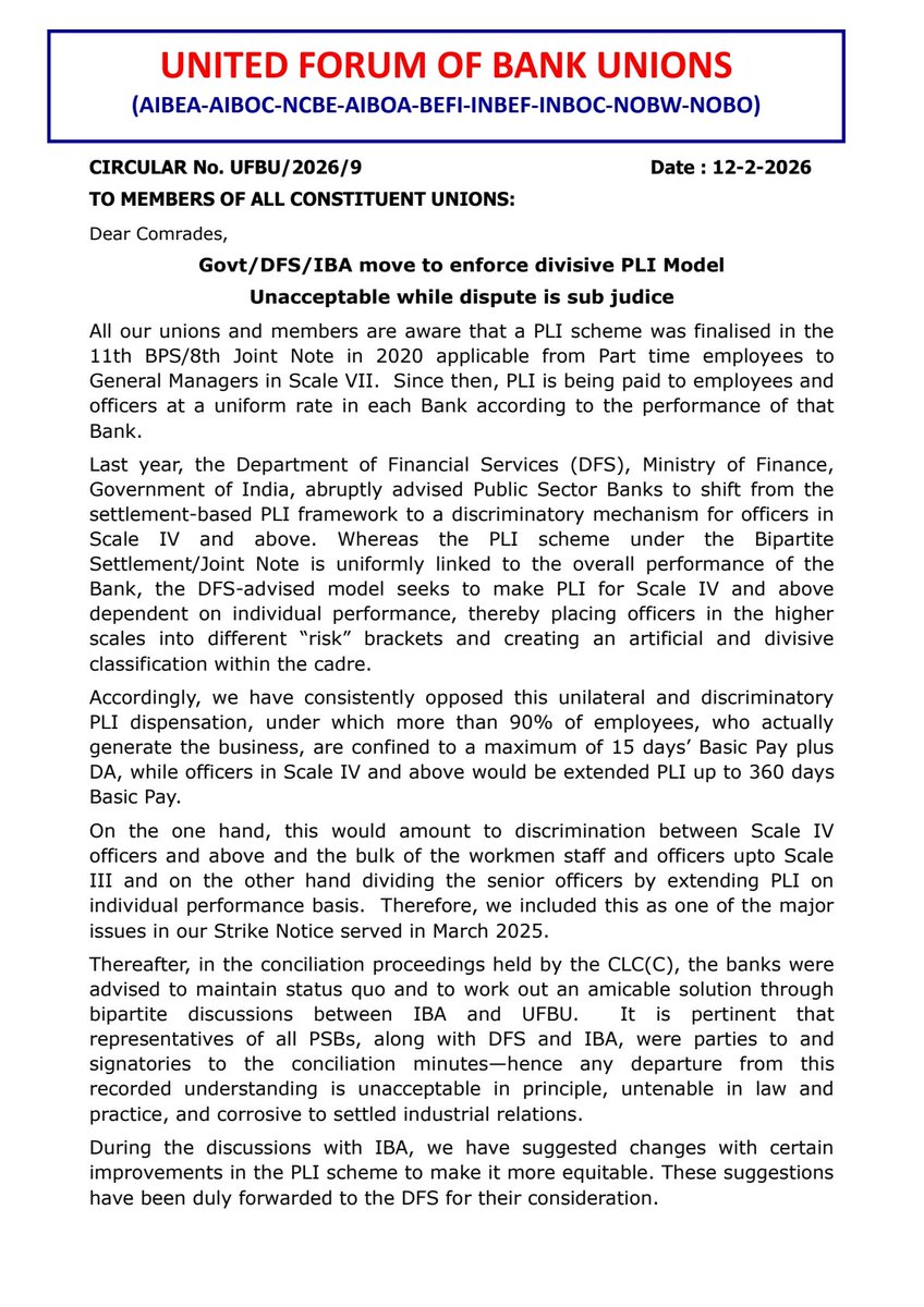 ChVenkatachalam's tweet photo. UFBU Circular: Govt/DFS/IBA move to enforce divisive PLI Model Unacceptable while dispute is sub judice

#UFBU
#AIBEA https://t.co/WMR05wEXvH