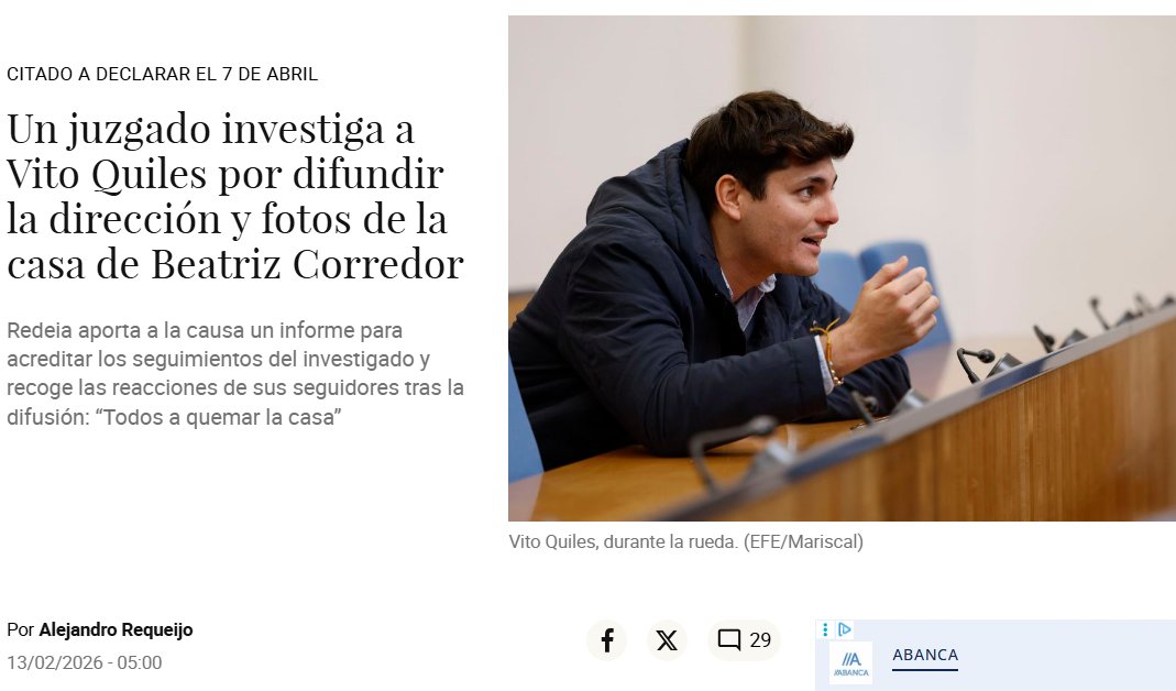 Un juzgado investiga a Vito Quiles por difundir la dirección y fotos de la casa de la Presidenta de Red Eléctrica.
Redeia aporta también las reacciones de sus seguidores tras la difusión: “Todos a quemar la casa”
elconfidencial.com/espana/2026-02…