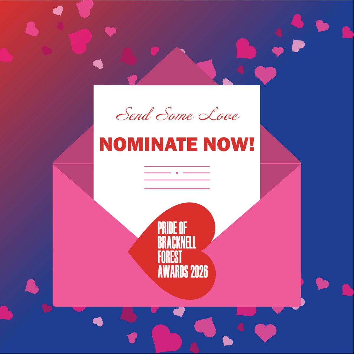 PoBFA's tweet photo. 💌Send some love💌

This Valentine’s, why not show some love to those who make #BracknellForest a better place?

With only 𝟭 𝗪𝗘𝗘𝗞 𝗟𝗘𝗙𝗧 until nominations close, now is your chance!❤️

NOMINATE NOW for the Pride of Bracknell Forest Awards 2026! https://t.co/tAPRRNtkZZ https://t.co/veBldiLMcI