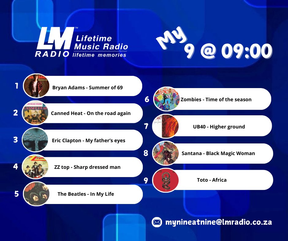 Every Friday morning, you, our wonderful listeners, get to choose the soundtrack on LM Radio with your My 9@9 selections on the LM Radio Rendezvous Show with Graeme White. 

Here’s the selection chosen for today's playlist below.

Send your selection to mynineatnine@lmradio.co.za