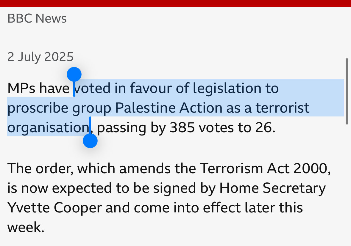 tomhfh's tweet image. For the record I think the proscription of Palestine Action as it it is ISIS was dumb and counterproductive.

But *MPs voted to do it*.

Why can a court overturn a literal Parliamentary vote? This is nuts. Our constitution has been shredded to bits.