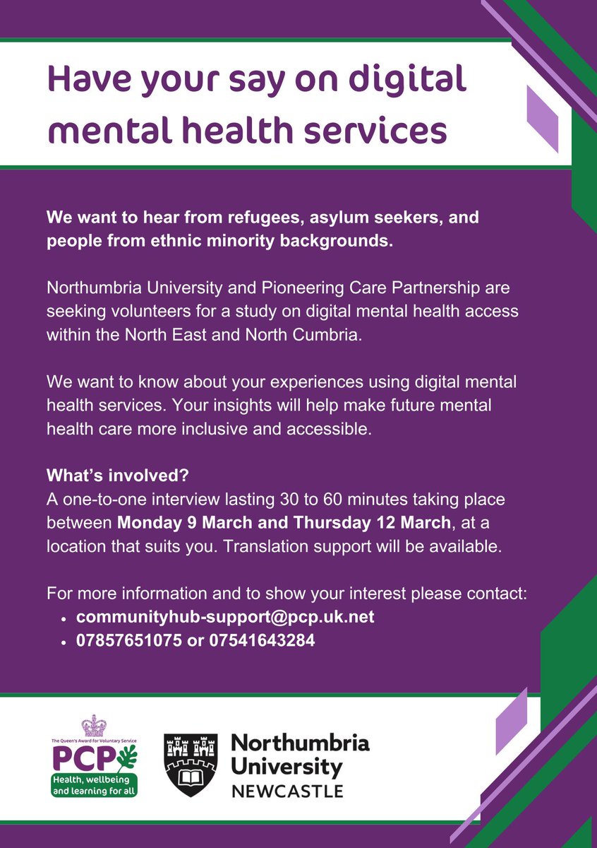 Refugees, asylum seekers &amp; ethnic minority communities — we want to hear from you 💜

PCP &amp; Northumbria University are researching digital mental health access in the North East &amp; North Cumbria.

📧 communityhub-support@pcp.uk.net 📱 07857651075 / 07541643284