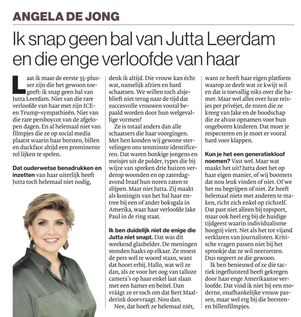Jutta Leerdam is duizendmaal meer queen dan journalistieke deuggleuf Angela De Jong
