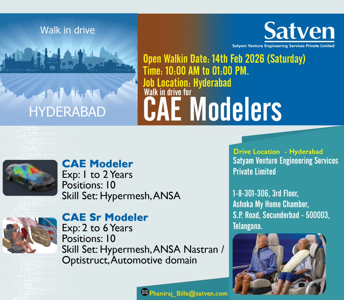 Exciting Career Opportunity at Satven Hyderabad!  

We’re hosting a Walk‑In Drive on 14-02-26 for CAE Modelers &amp; Senior Modelers with expertise in Hypermesh.

Share your profile with Phaniraj_bille@satven.com and take the next step in your career!

#CAEJobs #Hiring #WalkInDrive