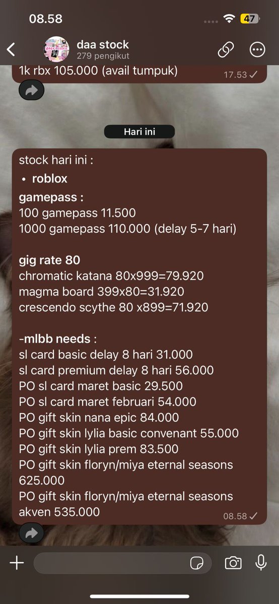 yang mau cek stock terbaru buat roblox/mlbb needs bisaa ke saluran wa di bio yaa soalny klo disni takut spam :'D